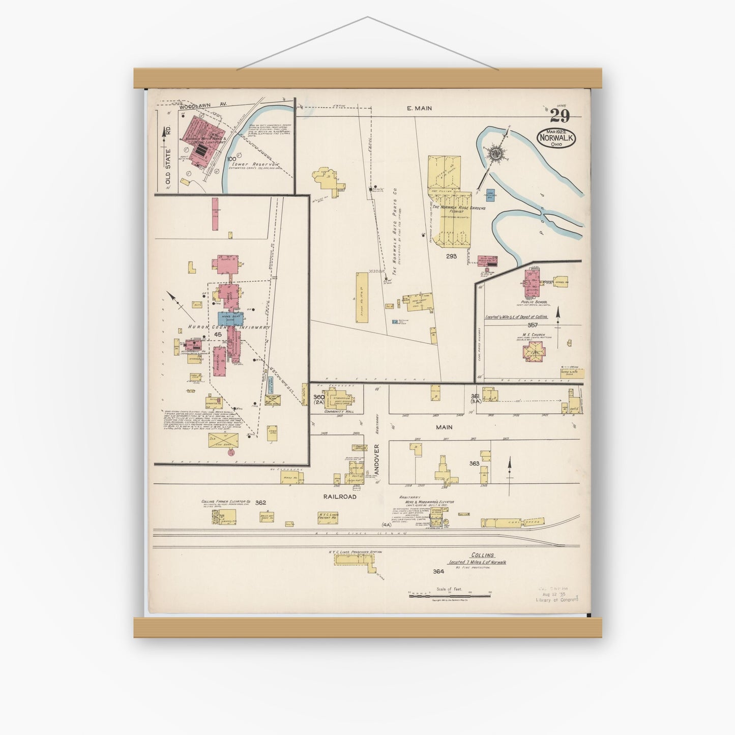 Old map wall art mockup — magnetic wood frame on white wall — Sanborn Fire Insurance Map from Norwalk, Huron County, Ohio (1922), Sheet #0029
