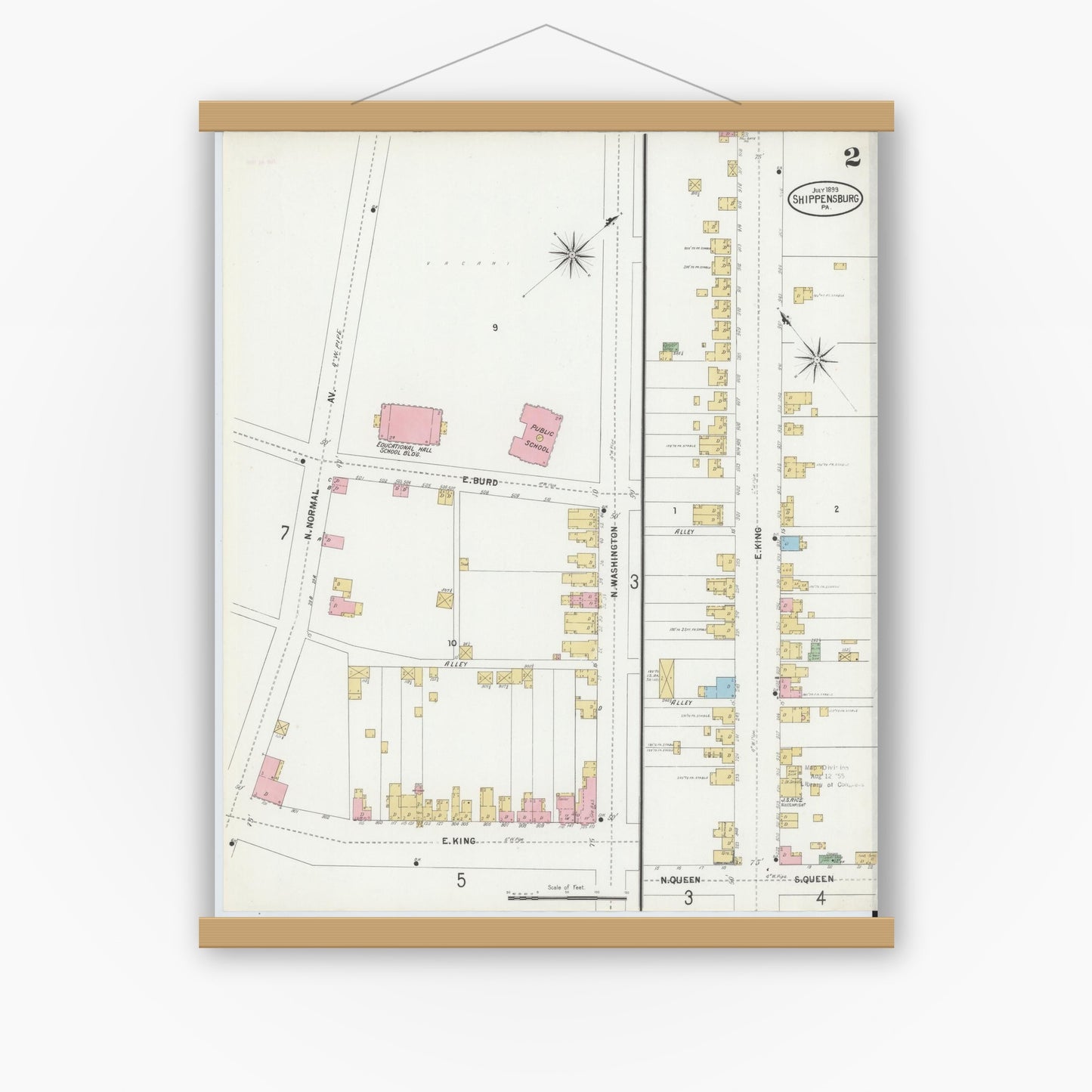 Old map wall art mockup — magnetic wood frame on white wall — Sanborn Fire Insurance Map from Shippensburg, Cumberland And Franklin Counties, Pennsylvania (1899), Sheet #0002