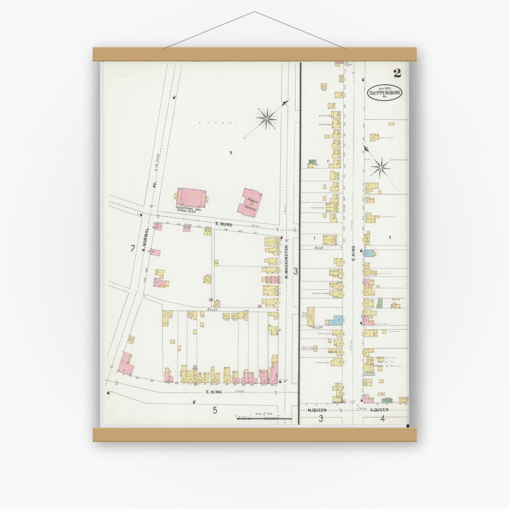 Old map wall art mockup — magnetic wood frame on white wall — Sanborn Fire Insurance Map from Shippensburg, Cumberland And Franklin Counties, Pennsylvania (1899), Sheet #0002