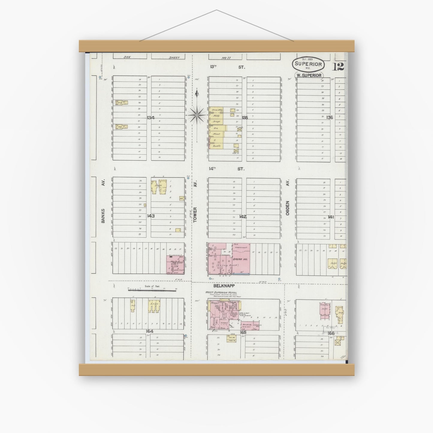 Old map wall art mockup — magnetic wood frame on white wall — Sanborn Fire Insurance Map from Superior, Douglas County, Wisconsin (1889), Sheet #0012