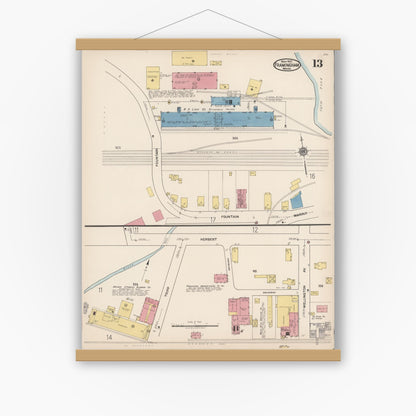 Old map wall art mockup — magnetic wood frame on white wall — Sanborn Fire Insurance Map from Framingham, Middlesex County, Massachusetts (1922), Sheet #0013