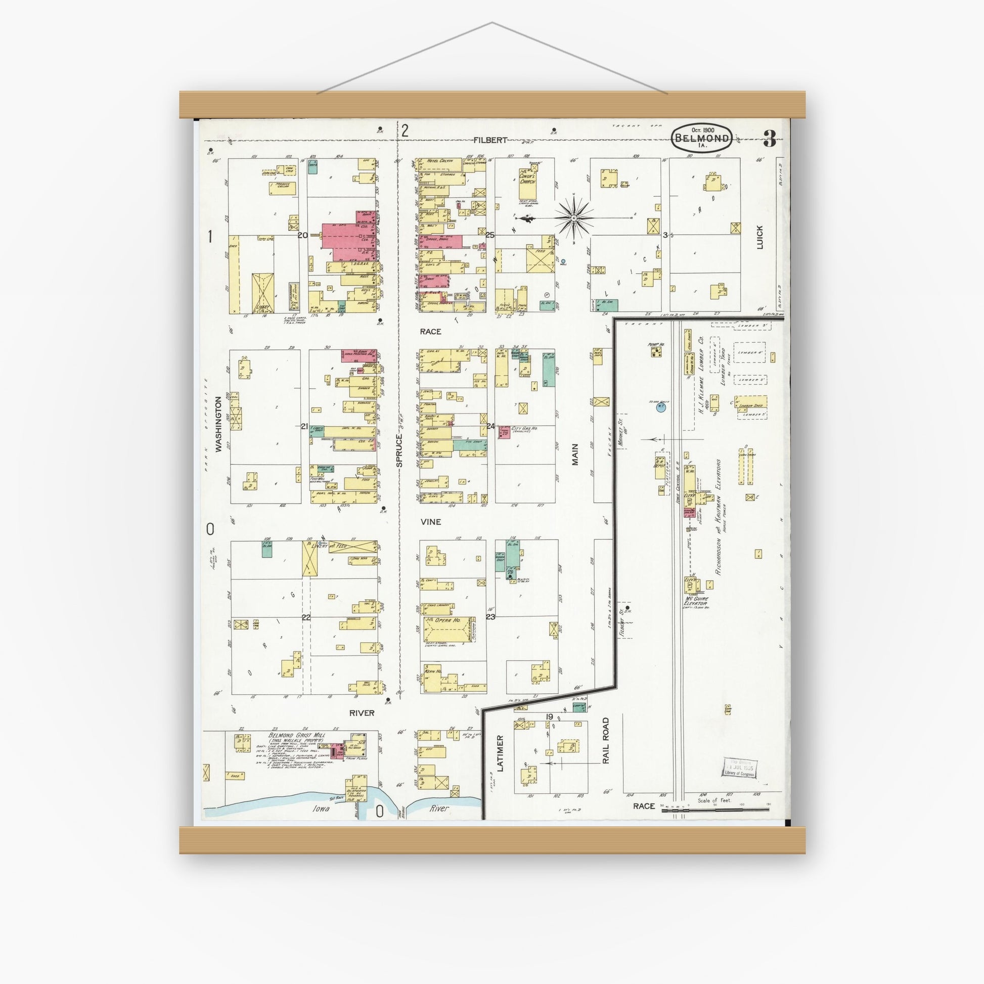 Old map wall art mockup — magnetic wood frame on white wall — Sanborn Fire Insurance Map from Belmond, Wright County, Iowa (1900), Sheet #0003