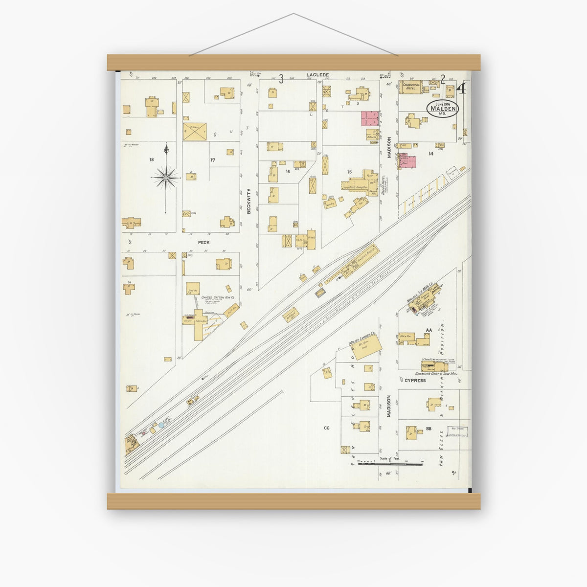 Old map wall art mockup — magnetic wood frame on white wall — Sanborn Fire Insurance Map from Malden, Dunklin County, Missouri (1906), Sheet #0004