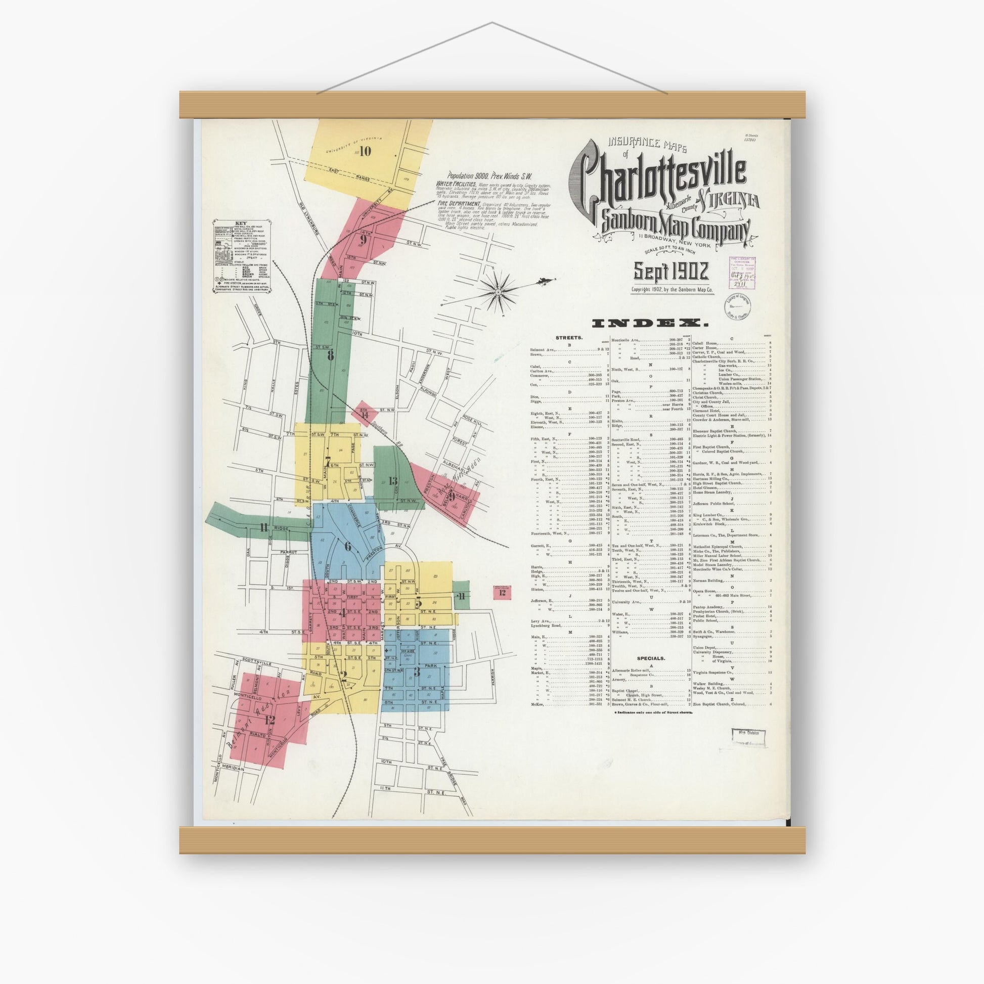 Old map wall art mockup — magnetic wood frame on white wall — Sanborn Fire Insurance Map from Charlottesville, Independent Cities, Virginia (1902) - Complete Map Set
