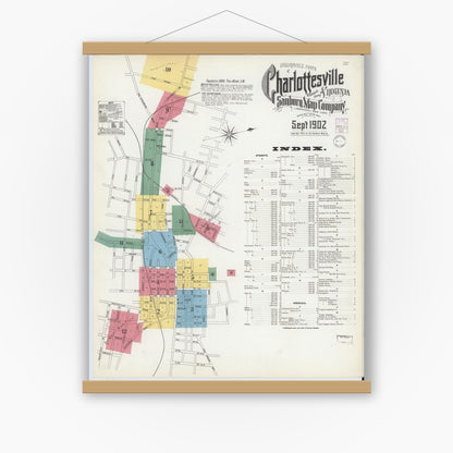 Old map wall art mockup — magnetic wood frame on white wall — Sanborn Fire Insurance Map from Charlottesville, Independent Cities, Virginia (1902) - Complete Map Set