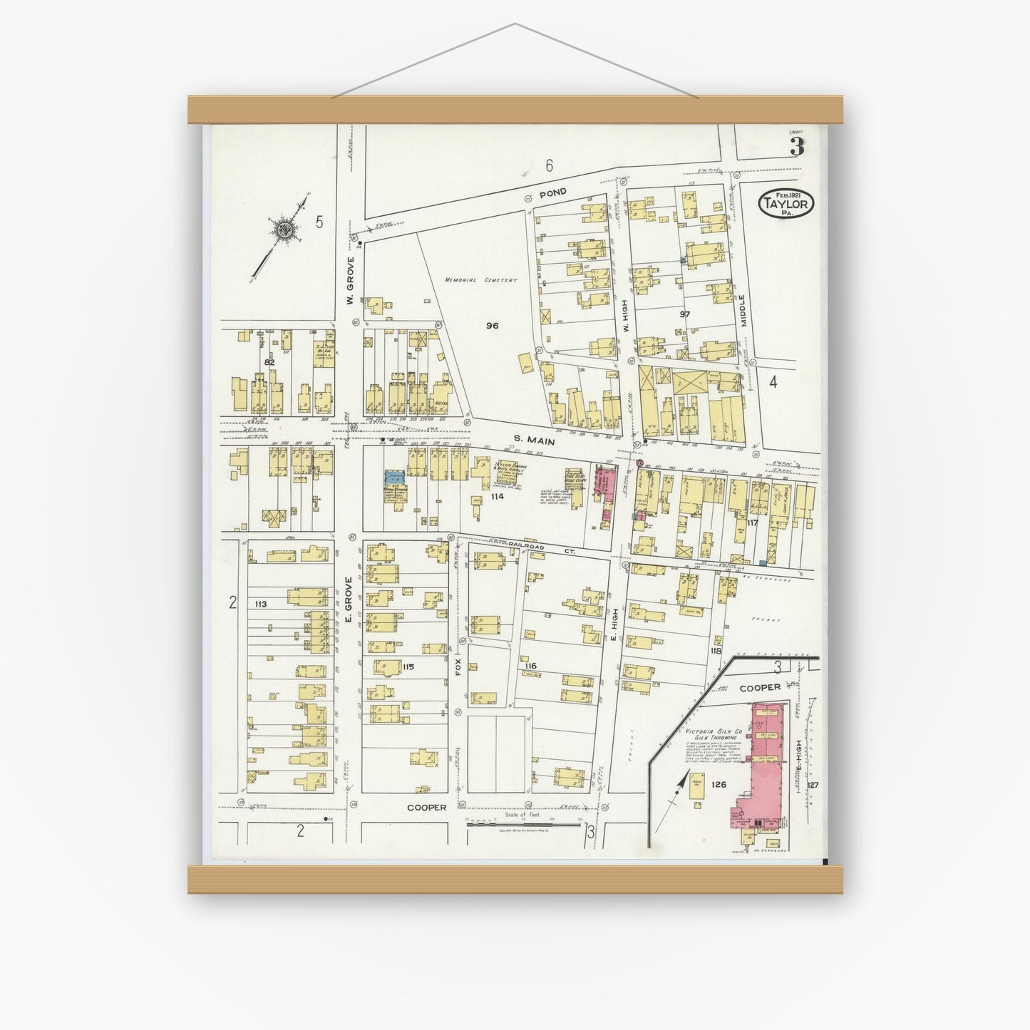 Old map wall art mockup — magnetic wood frame on white wall — Sanborn Fire Insurance Map from Taylor, Lackawanna County, Pennsylvania (1921), Sheet #0003
