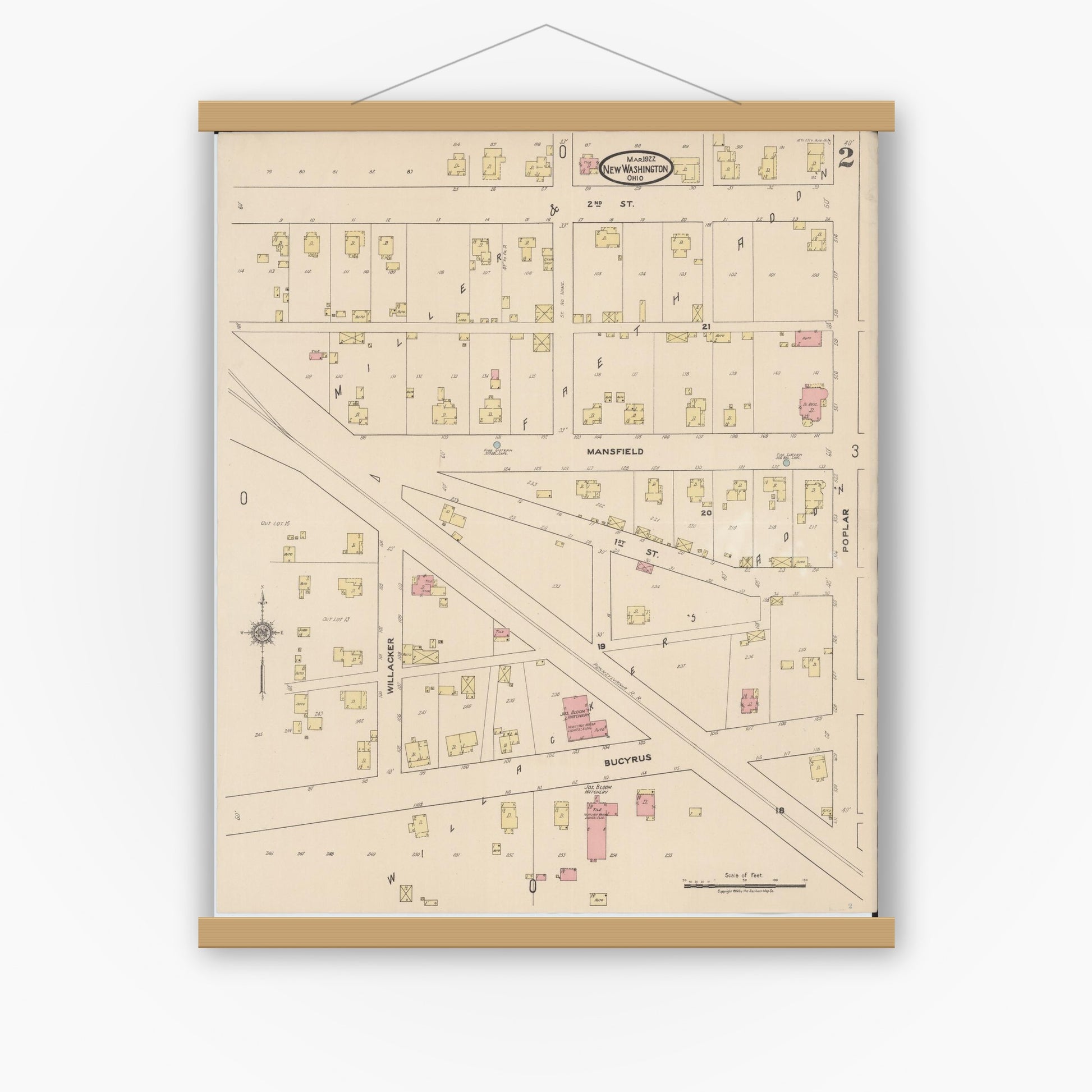 Old map wall art mockup — magnetic wood frame on white wall — Sanborn Fire Insurance Map from New Washington, Crawford County, Ohio (1922), Sheet #0002