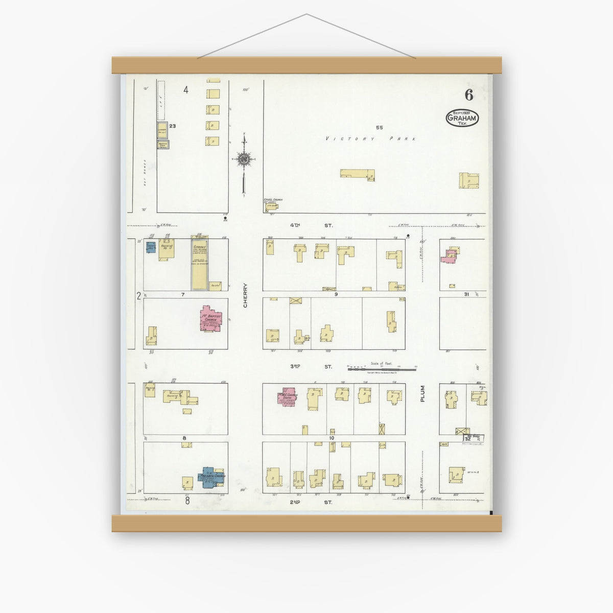 Old map wall art mockup — magnetic wood frame on white wall — Sanborn Fire Insurance Map from Graham, Young County, Texas (1920), Sheet #0006