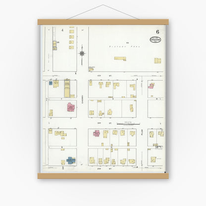 Old map wall art mockup — magnetic wood frame on white wall — Sanborn Fire Insurance Map from Graham, Young County, Texas (1920), Sheet #0006