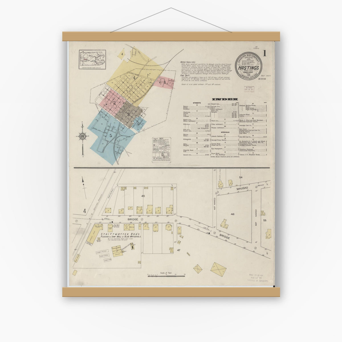 Old map wall art mockup — magnetic wood frame on white wall — Sanborn Fire Insurance Map from Hastings, Cambria County, Pennsylvania (1915) - Complete Map Set