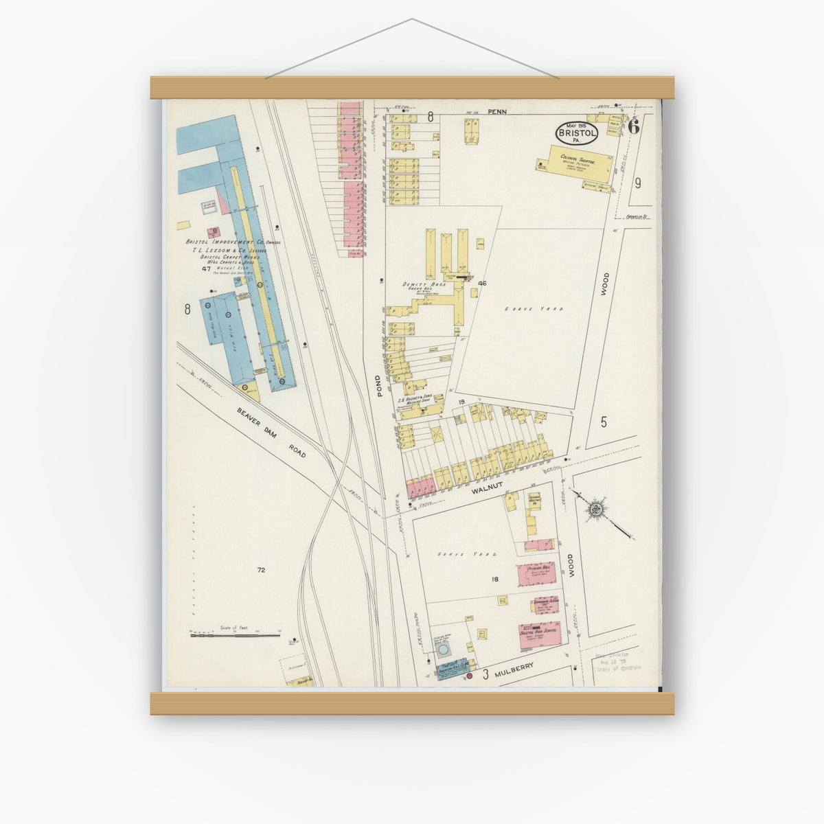 Old map wall art mockup — magnetic wood frame on white wall — Sanborn Fire Insurance Map from Bristol, Bucks County, Pennsylvania (1915), Sheet #0006