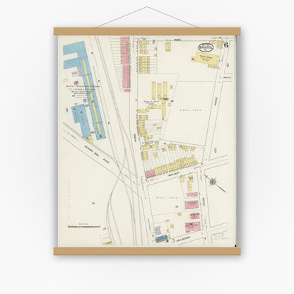 Old map wall art mockup — magnetic wood frame on white wall — Sanborn Fire Insurance Map from Bristol, Bucks County, Pennsylvania (1915), Sheet #0006