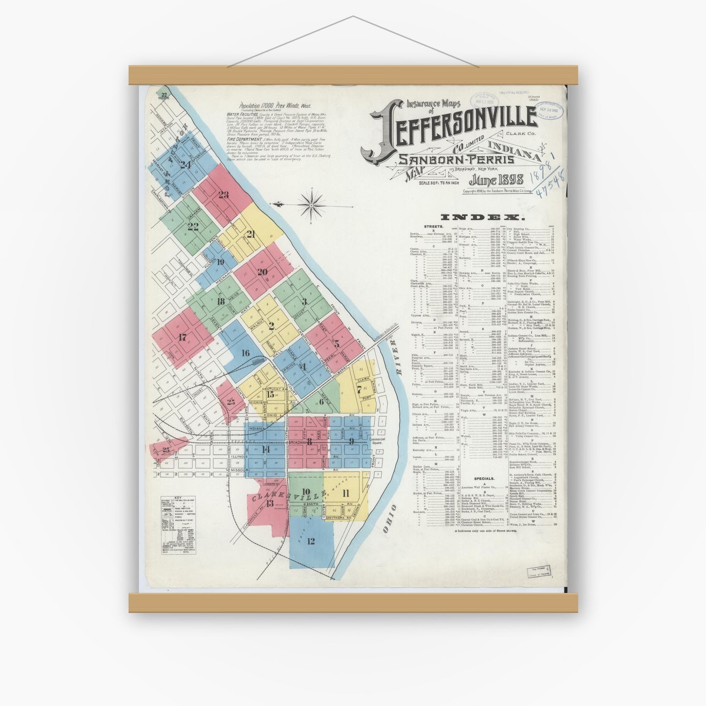 Old map wall art mockup — magnetic wood frame on white wall — Sanborn Fire Insurance Map from Jeffersonville, Clark County, Indiana (1898), Sheet #0001