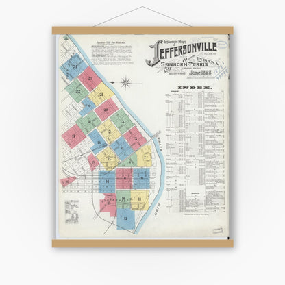 Old map wall art mockup — magnetic wood frame on white wall — Sanborn Fire Insurance Map from Jeffersonville, Clark County, Indiana (1898), Sheet #0001