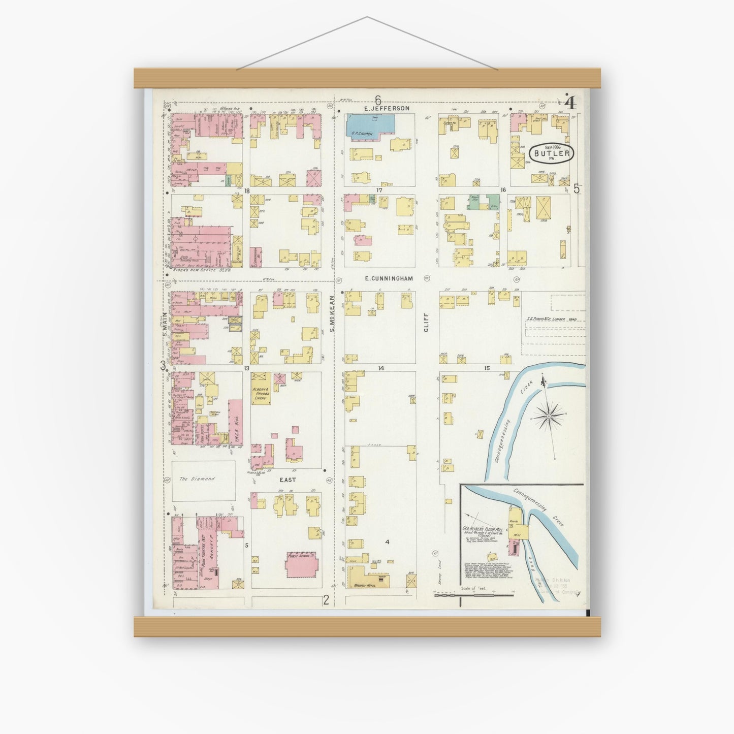 Old map wall art mockup — magnetic wood frame on white wall — Sanborn Fire Insurance Map from Butler, Butler County, Pennsylvania (1896), Sheet #0004
