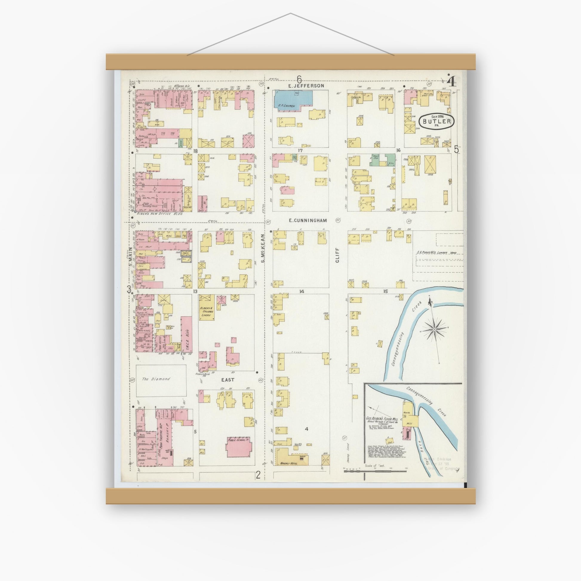 Old map wall art mockup — magnetic wood frame on white wall — Sanborn Fire Insurance Map from Butler, Butler County, Pennsylvania (1896), Sheet #0004