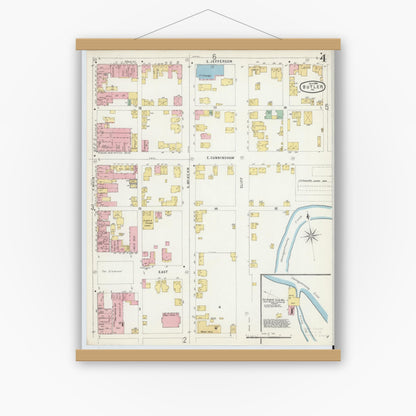 Old map wall art mockup — magnetic wood frame on white wall — Sanborn Fire Insurance Map from Butler, Butler County, Pennsylvania (1896), Sheet #0004