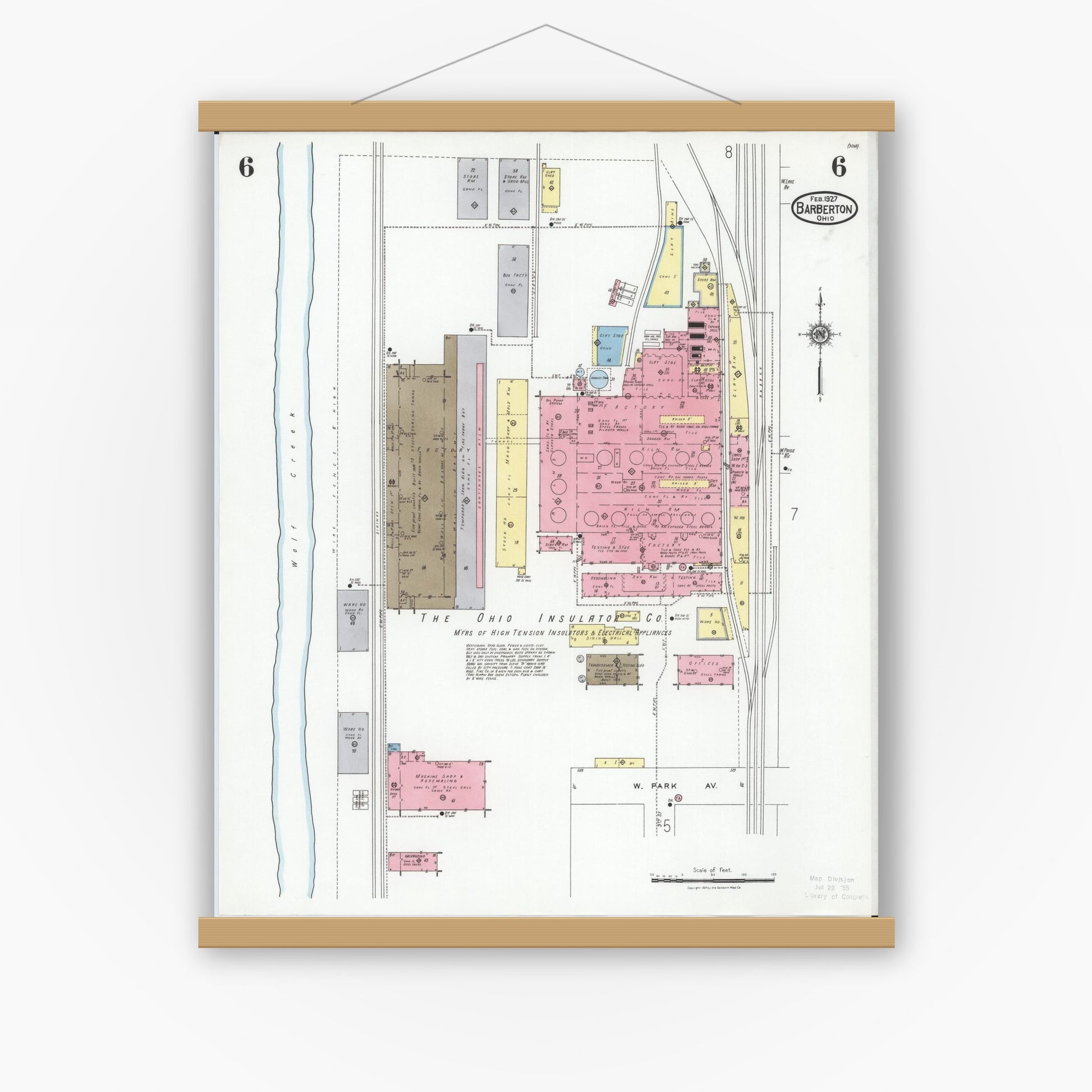 Old map wall art mockup — magnetic wood frame on white wall — Sanborn Fire Insurance Map from Barberton, Summit County, Ohio (1927), Sheet #0006