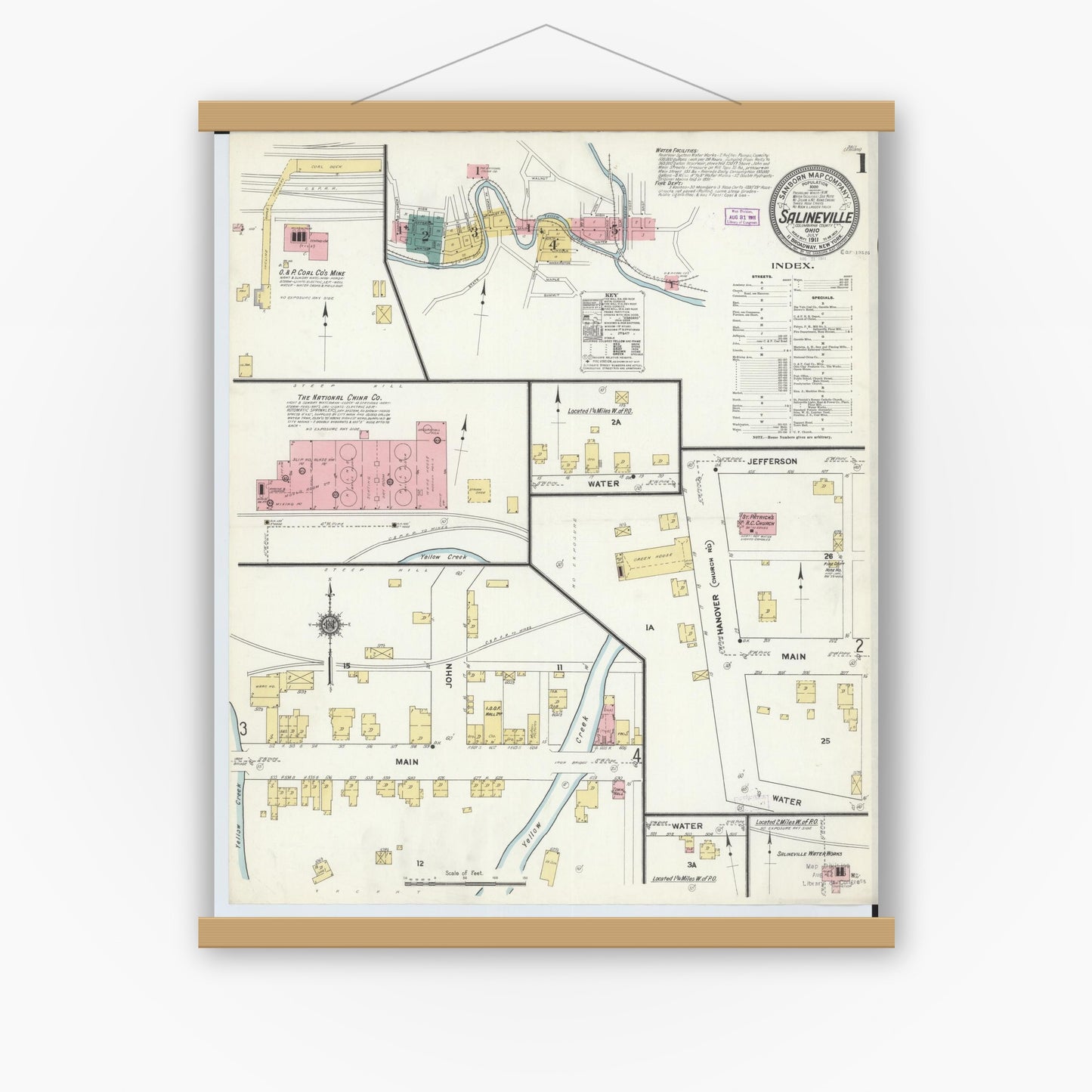 Old map wall art mockup — magnetic wood frame on white wall — Sanborn Fire Insurance Map from Salineville, Columbiana County, Ohio (1911), Sheet #0001