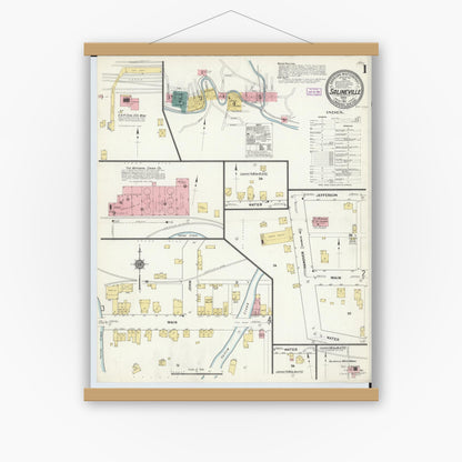 Old map wall art mockup — magnetic wood frame on white wall — Sanborn Fire Insurance Map from Salineville, Columbiana County, Ohio (1911), Sheet #0001