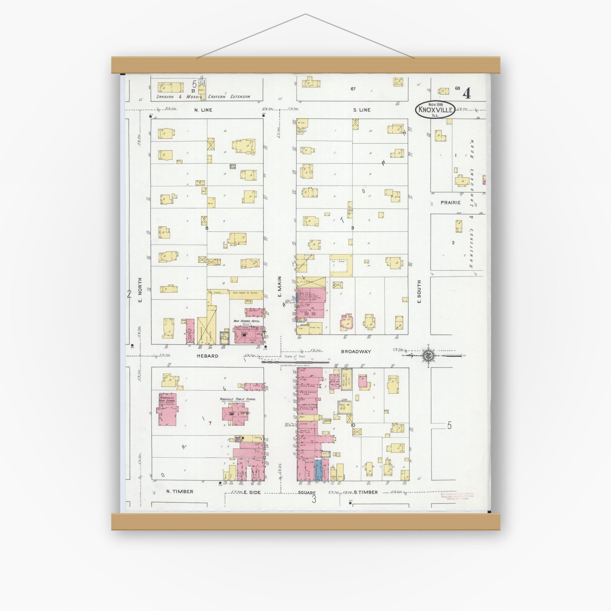 Old map wall art mockup — magnetic wood frame on white wall — Sanborn Fire Insurance Map from Knoxville, Knox County, Illinois (1918), Sheet #0004