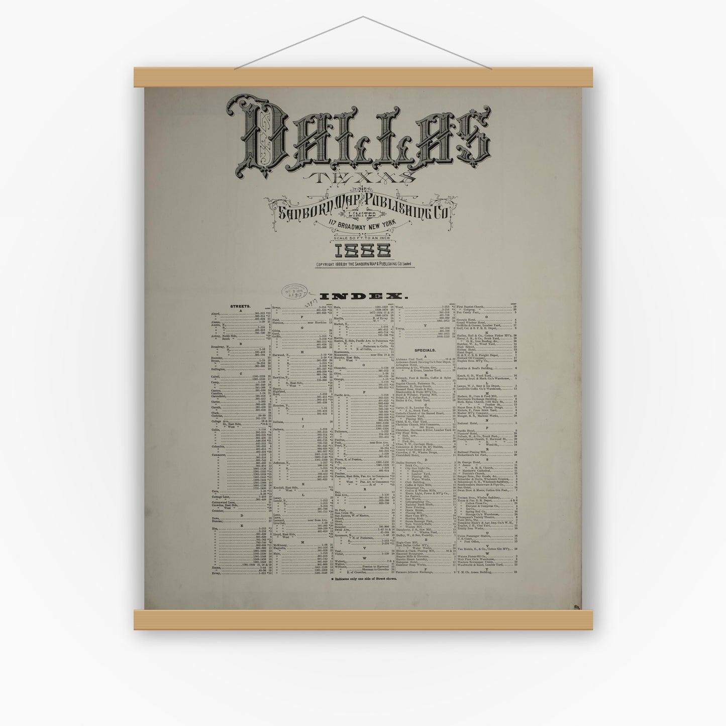 Old map wall art mockup — magnetic wood frame on white wall — Sanborn Fire Insurance Map from Dallas, Dallas County, Texas (1888), Sheet #0001