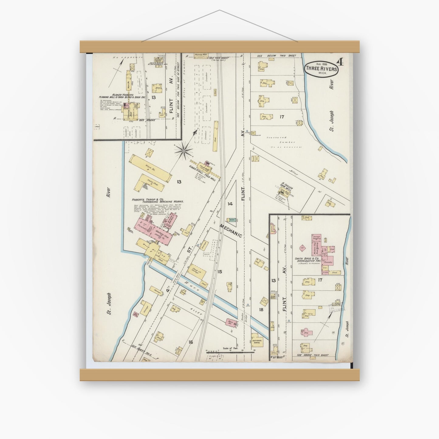 Old map wall art mockup — magnetic wood frame on white wall — Sanborn Fire Insurance Map from Three Rivers, Saint Joseph County, Michigan (1888), Sheet #0004