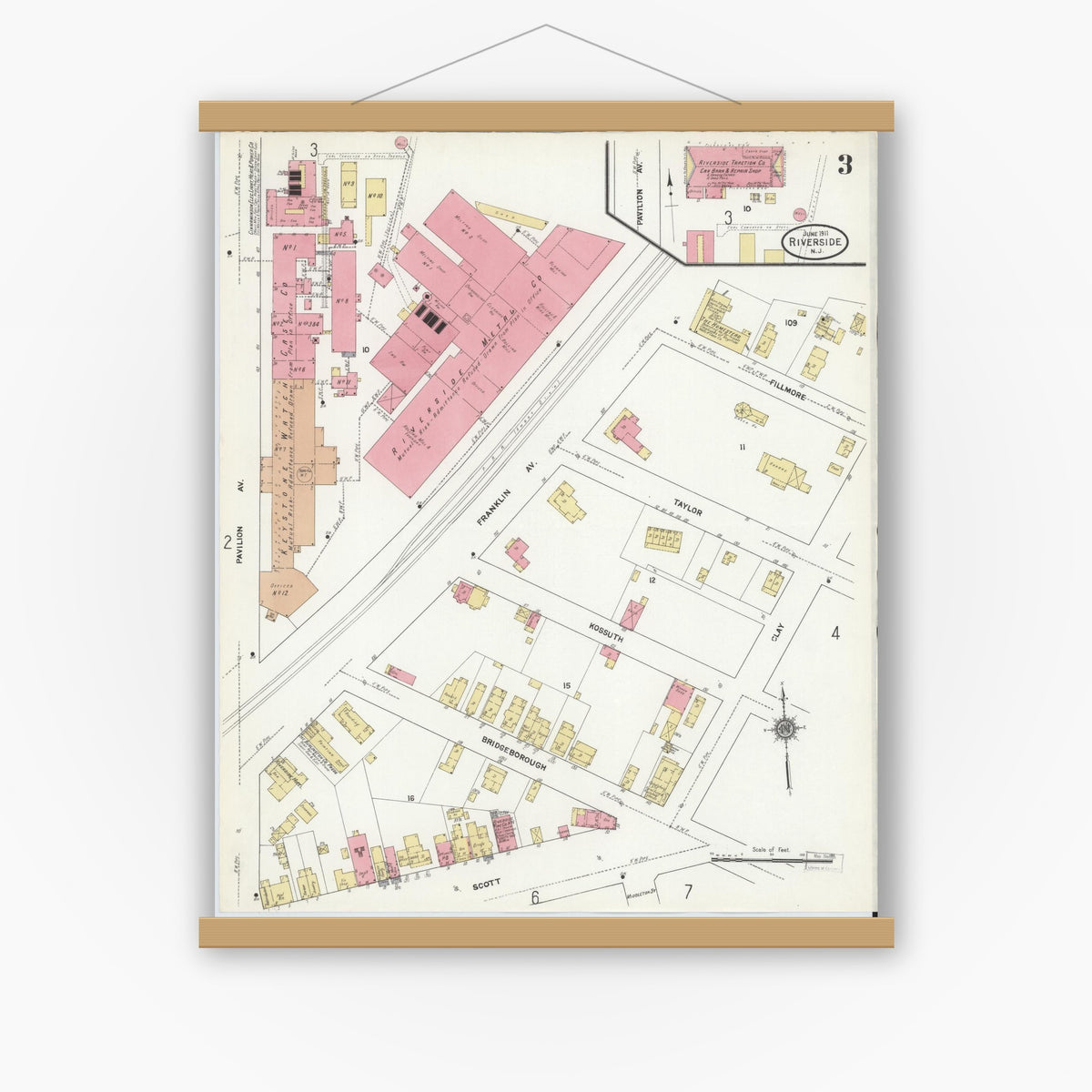 Old map wall art mockup — magnetic wood frame on white wall — Sanborn Fire Insurance Map from Riverside, Burlington County, New Jersey (1911), Sheet #0003