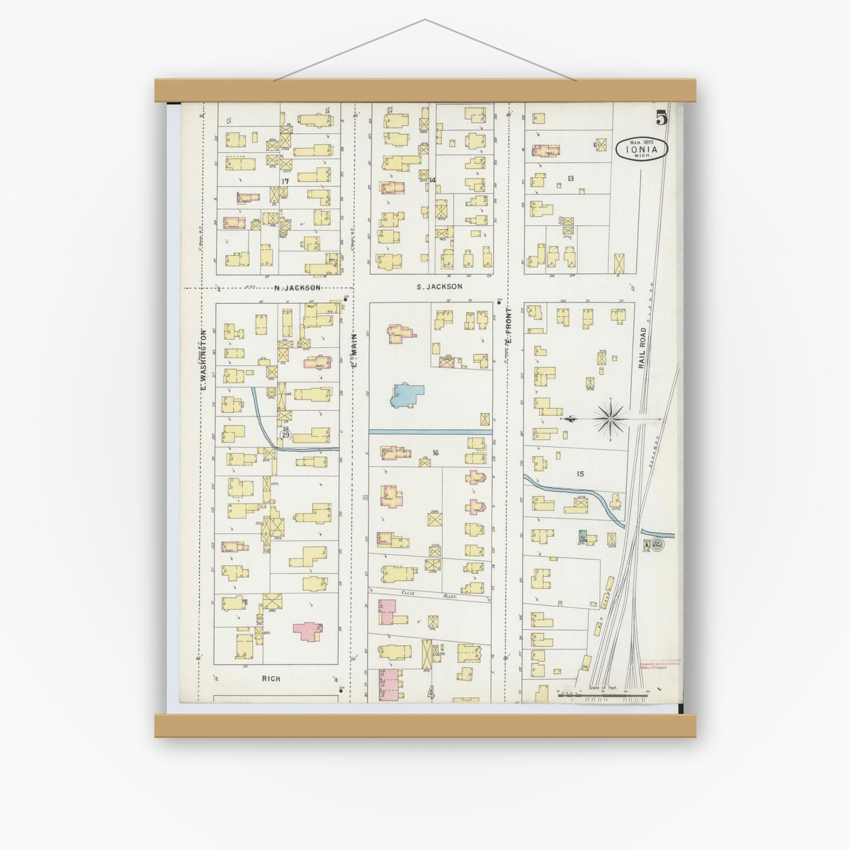 Old map wall art mockup — magnetic wood frame on white wall — Sanborn Fire Insurance Map from Ionia, Ionia County, Michigan (1895), Sheet #0005