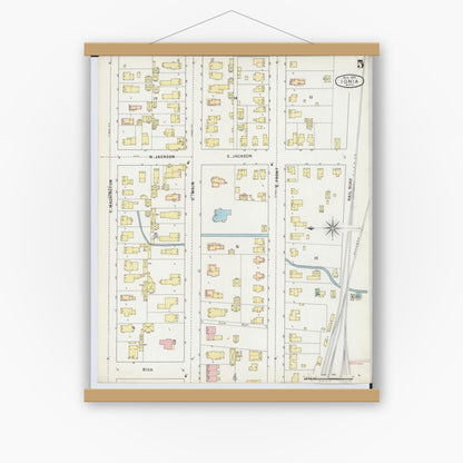 Old map wall art mockup — magnetic wood frame on white wall — Sanborn Fire Insurance Map from Ionia, Ionia County, Michigan (1895), Sheet #0005