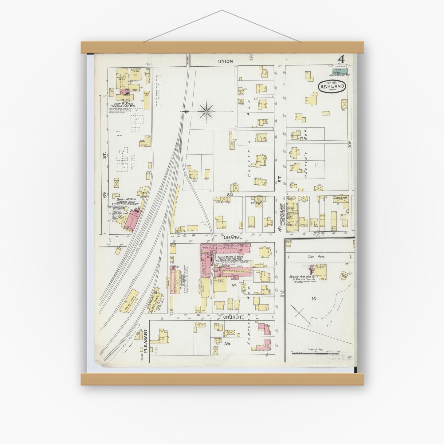 Old map wall art mockup — magnetic wood frame on white wall — Sanborn Fire Insurance Map from Ashland, Ashland County, Ohio (1893), Sheet #0004