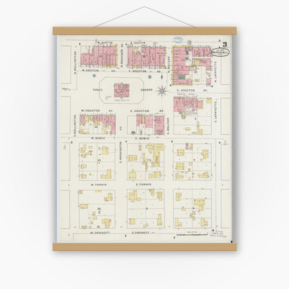 Old map wall art mockup — magnetic wood frame on white wall — Sanborn Fire Insurance Map from Marshall, Harrison County, Texas (1894), Sheet #0003