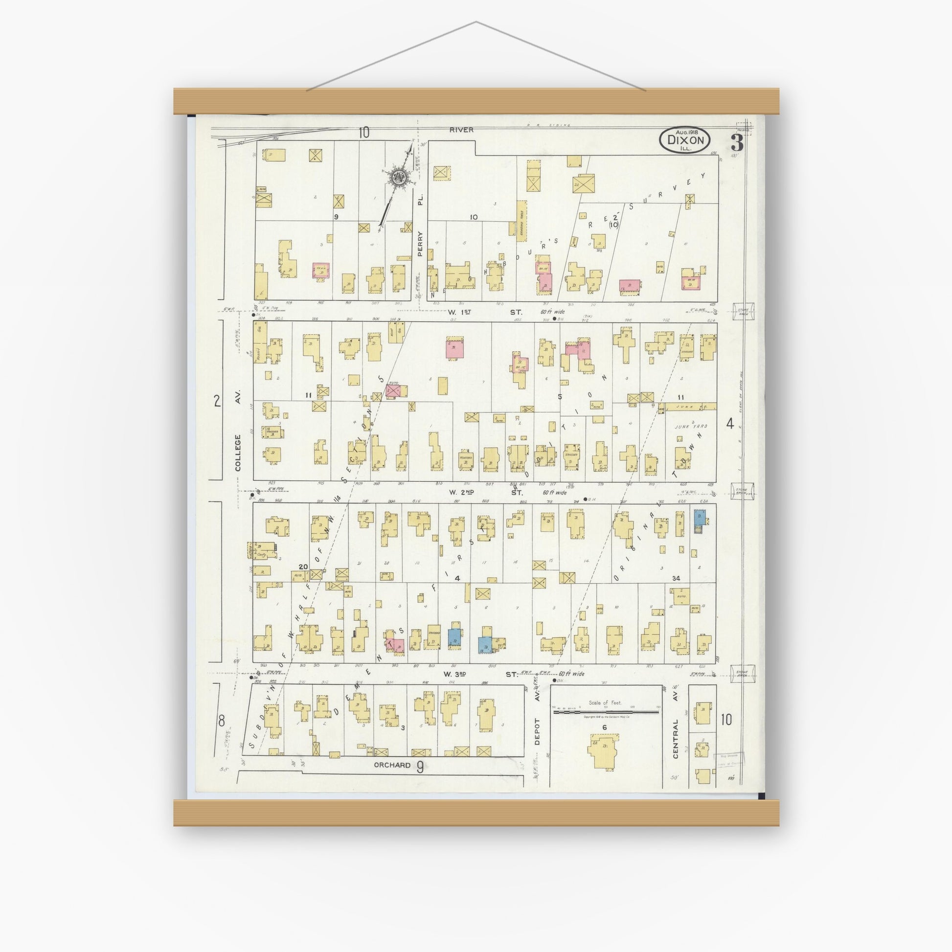 Old map wall art mockup — magnetic wood frame on white wall — Sanborn Fire Insurance Map from Dixon, Lee County, Illinois (1918), Sheet #0003