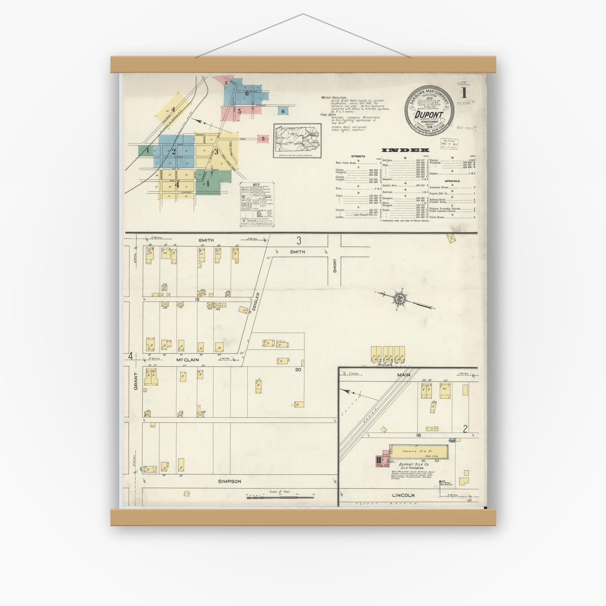 Old map wall art mockup — magnetic wood frame on white wall — Sanborn Fire Insurance Map from Dupont, Luzerne County, Pennsylvania (1914) - Complete Map Set
