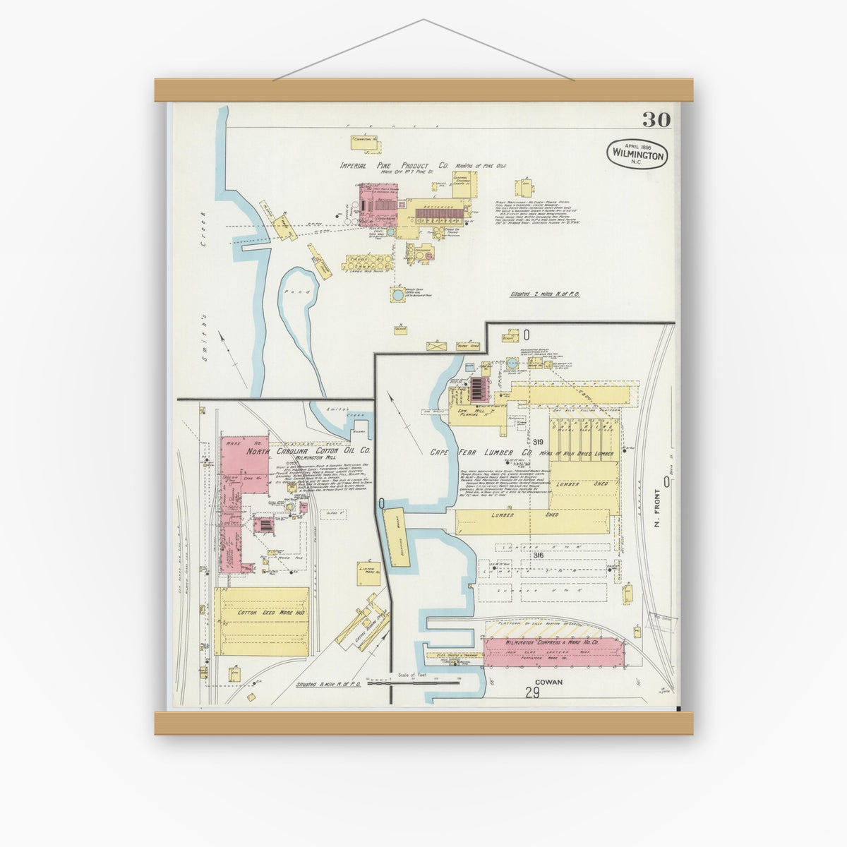 Old map wall art mockup — magnetic wood frame on white wall — Sanborn Fire Insurance Map from Wilmington, New Hanover County, North Carolina (1898), Sheet #0030