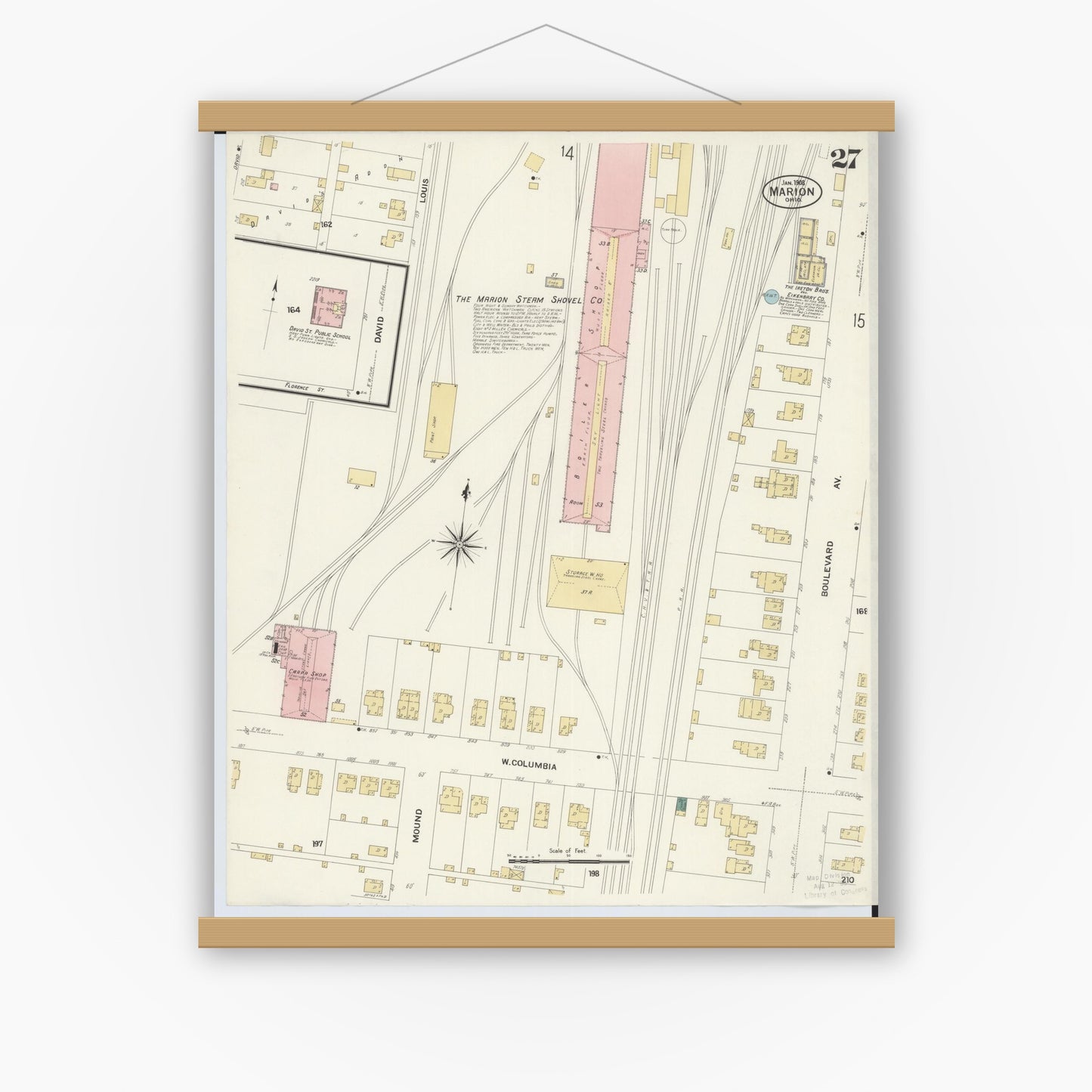 Old map wall art mockup — magnetic wood frame on white wall — Sanborn Fire Insurance Map from Marion, Marion County, Ohio (1908), Sheet #0027