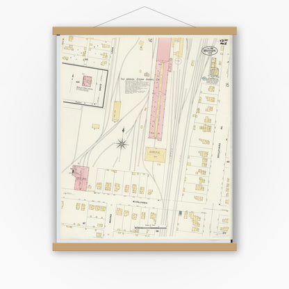 Old map wall art mockup — magnetic wood frame on white wall — Sanborn Fire Insurance Map from Marion, Marion County, Ohio (1908), Sheet #0027