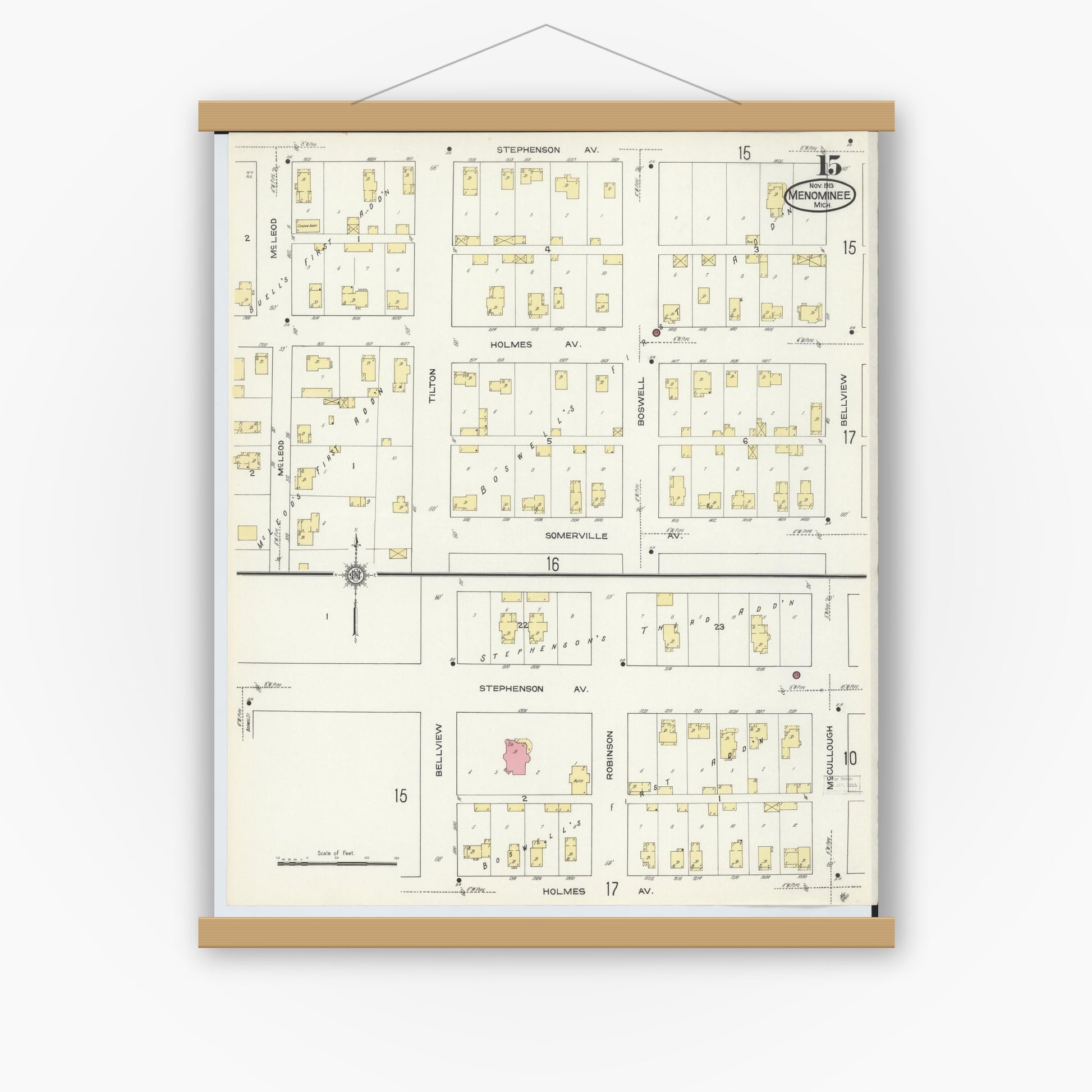 Old map wall art mockup — magnetic wood frame on white wall — Sanborn Fire Insurance Map from Menominee, Menominee County, Michigan (1913), Sheet #0015