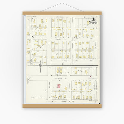 Old map wall art mockup — magnetic wood frame on white wall — Sanborn Fire Insurance Map from Menominee, Menominee County, Michigan (1913), Sheet #0015