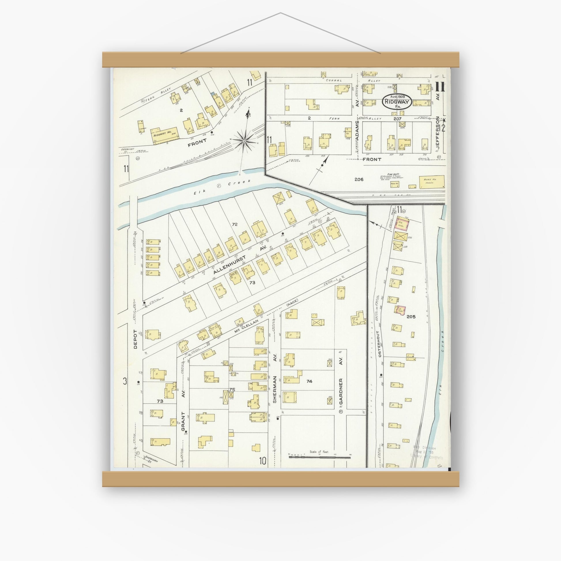 Old map wall art mockup — magnetic wood frame on white wall — Sanborn Fire Insurance Map from Ridgway, Elk County, Pennsylvania (1909), Sheet #0011