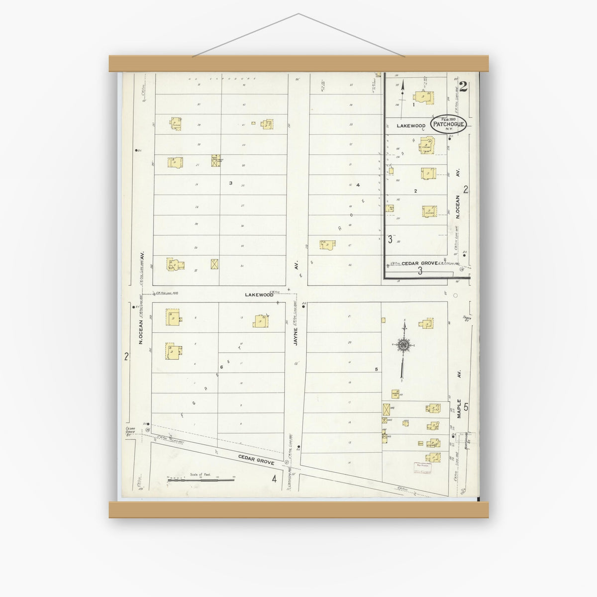 Old map wall art mockup — magnetic wood frame on white wall — Sanborn Fire Insurance Map from Patchogue, Suffolk County, New York (1910) - Complete Map Set