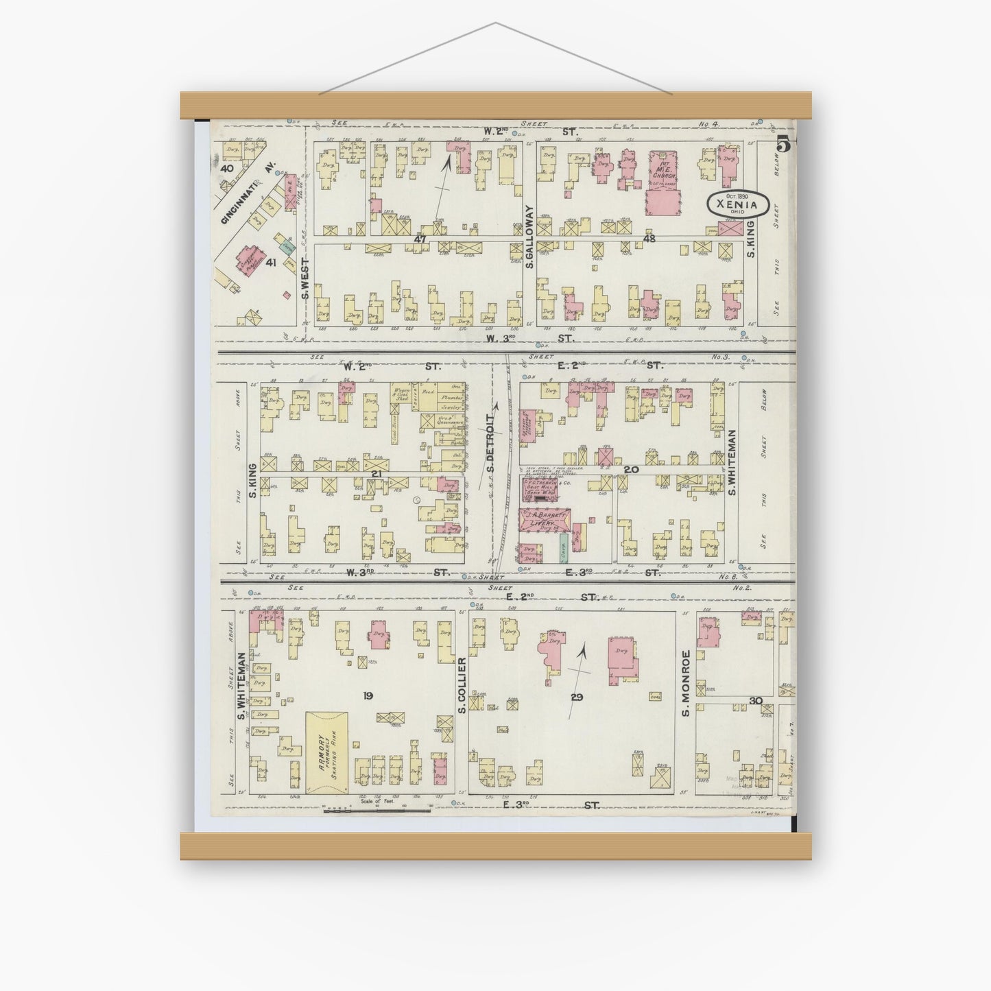 Old map wall art mockup — magnetic wood frame on white wall — Sanborn Fire Insurance Map from Xenia, Greene County, Ohio (1890), Sheet #0005