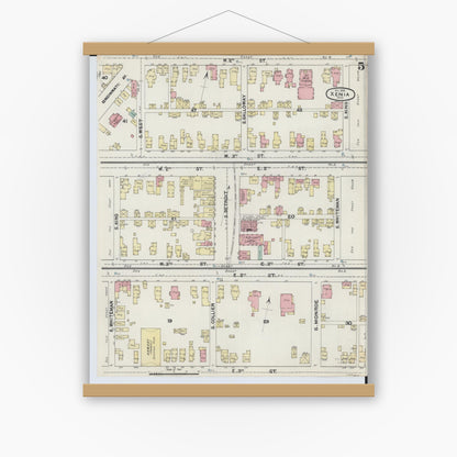 Old map wall art mockup — magnetic wood frame on white wall — Sanborn Fire Insurance Map from Xenia, Greene County, Ohio (1890), Sheet #0005