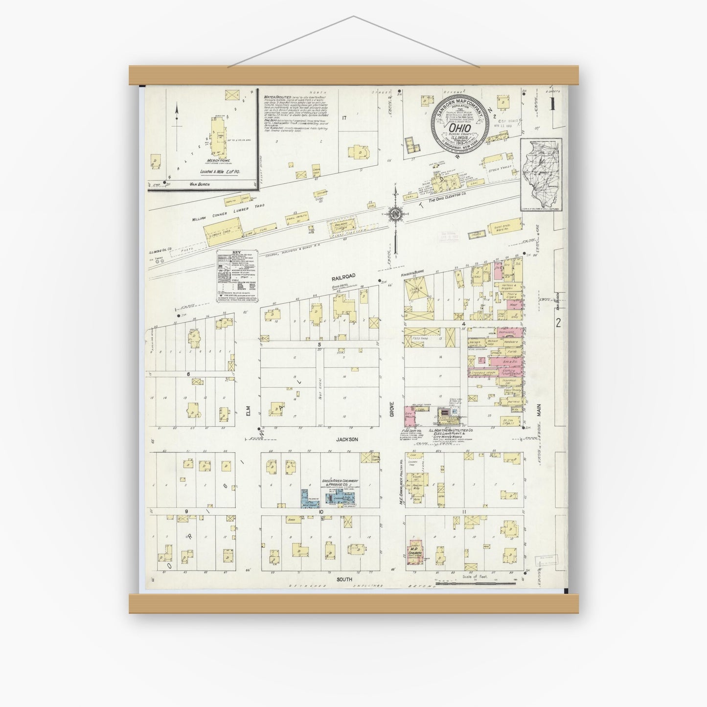 Old map wall art mockup — magnetic wood frame on white wall — Sanborn Fire Insurance Map from Ohio, Bureau County, Illinois (1913), Sheet #0001