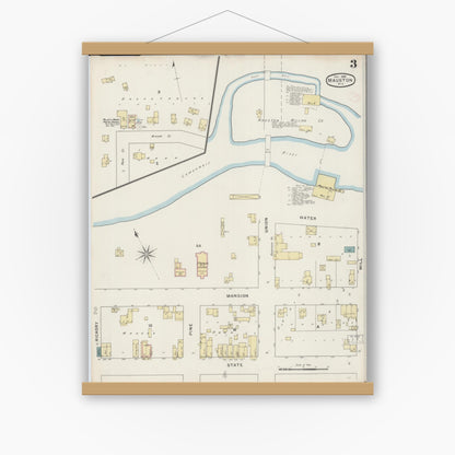 Old map wall art mockup — magnetic wood frame on white wall — Sanborn Fire Insurance Map from Mauston, Juneau County, Wisconsin (1894), Sheet #0003
