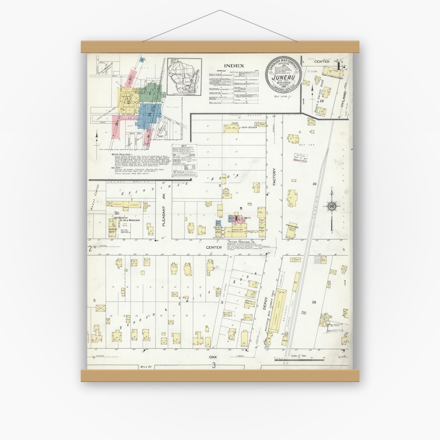 Old map wall art mockup — magnetic wood frame on white wall — Sanborn Fire Insurance Map from Juneau, Dodge County, Wisconsin (1914) - Complete Map Set