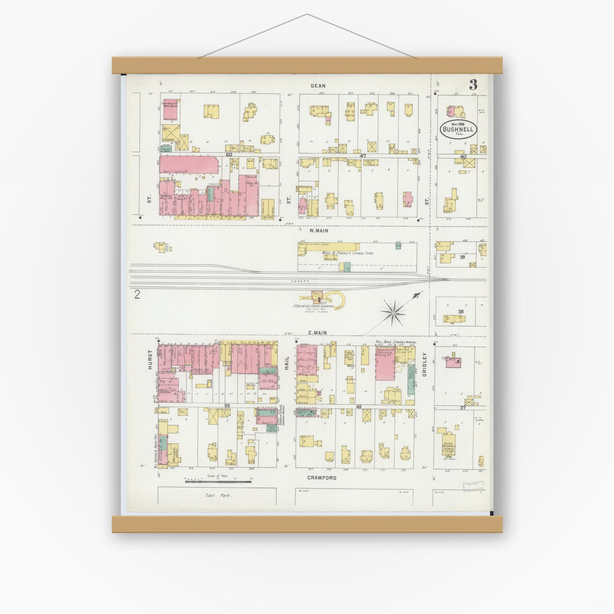 Old map wall art mockup — magnetic wood frame on white wall — Sanborn Fire Insurance Map from Bushnell, Mcdonough County, Illinois (1898), Sheet #0003