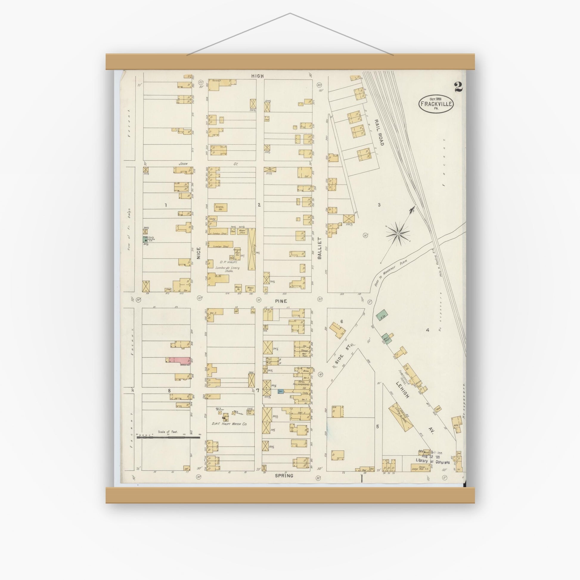 Old map wall art mockup — magnetic wood frame on white wall — Sanborn Fire Insurance Map from Frackville, Schuylkill County, Pennsylvania (1898), Sheet #0002