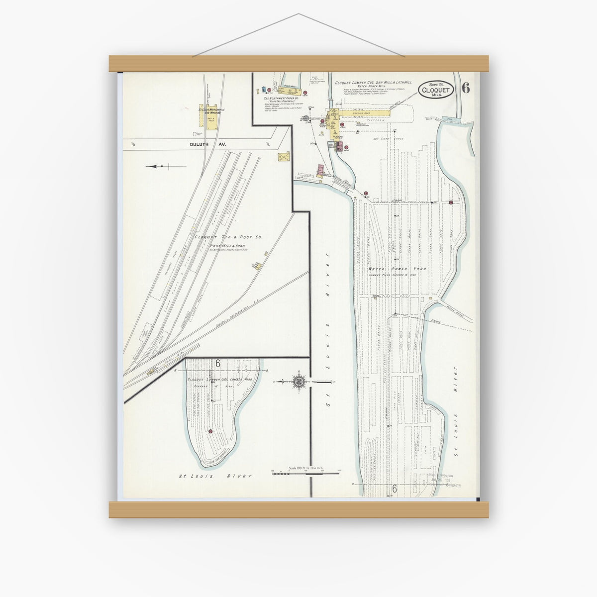Old map wall art mockup — magnetic wood frame on white wall — Sanborn Fire Insurance Map from Cloquet, Carlton County, Minnesota (1911), Sheet #0006