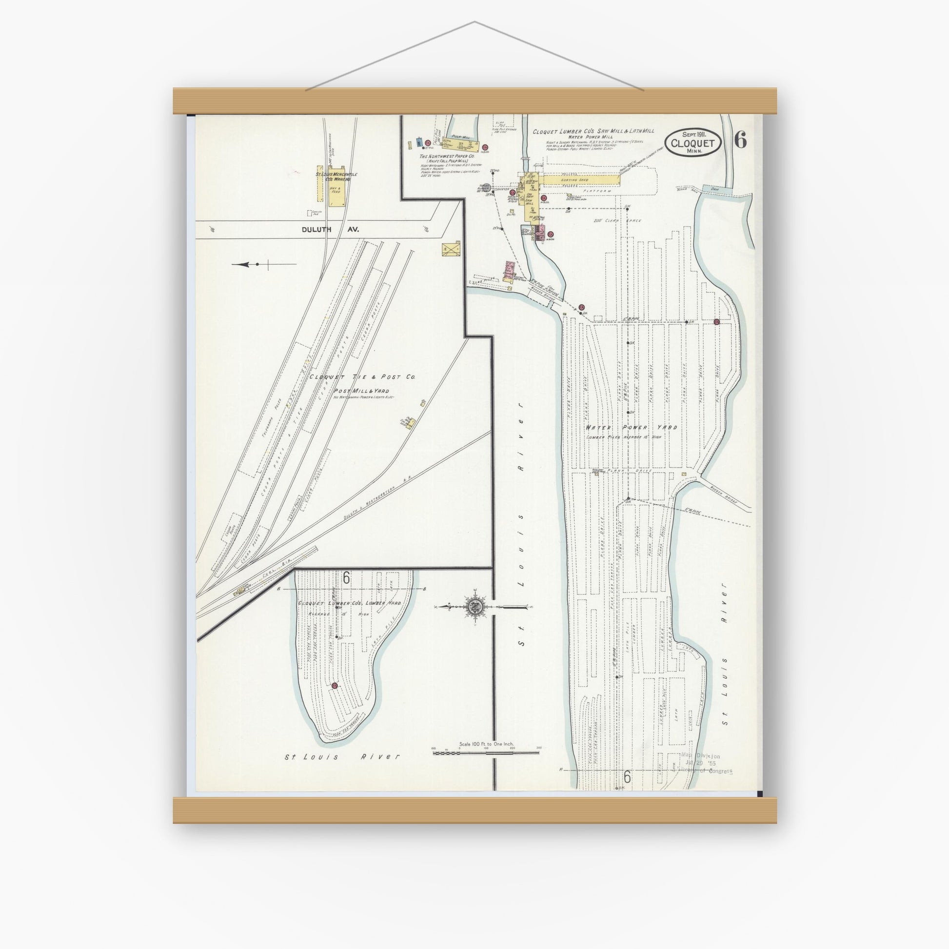 Old map wall art mockup — magnetic wood frame on white wall — Sanborn Fire Insurance Map from Cloquet, Carlton County, Minnesota (1911), Sheet #0006